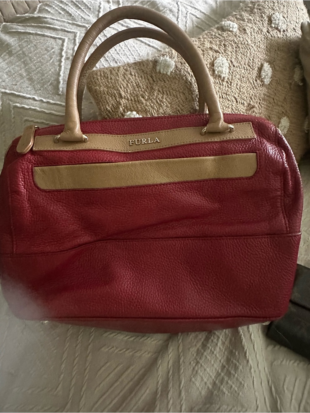 Furla Red Satchel with Tan Trim